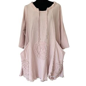 Oh My Gauze Pink Cotton Hooded Oversize Tunic with Pockets + Embroidered - XL